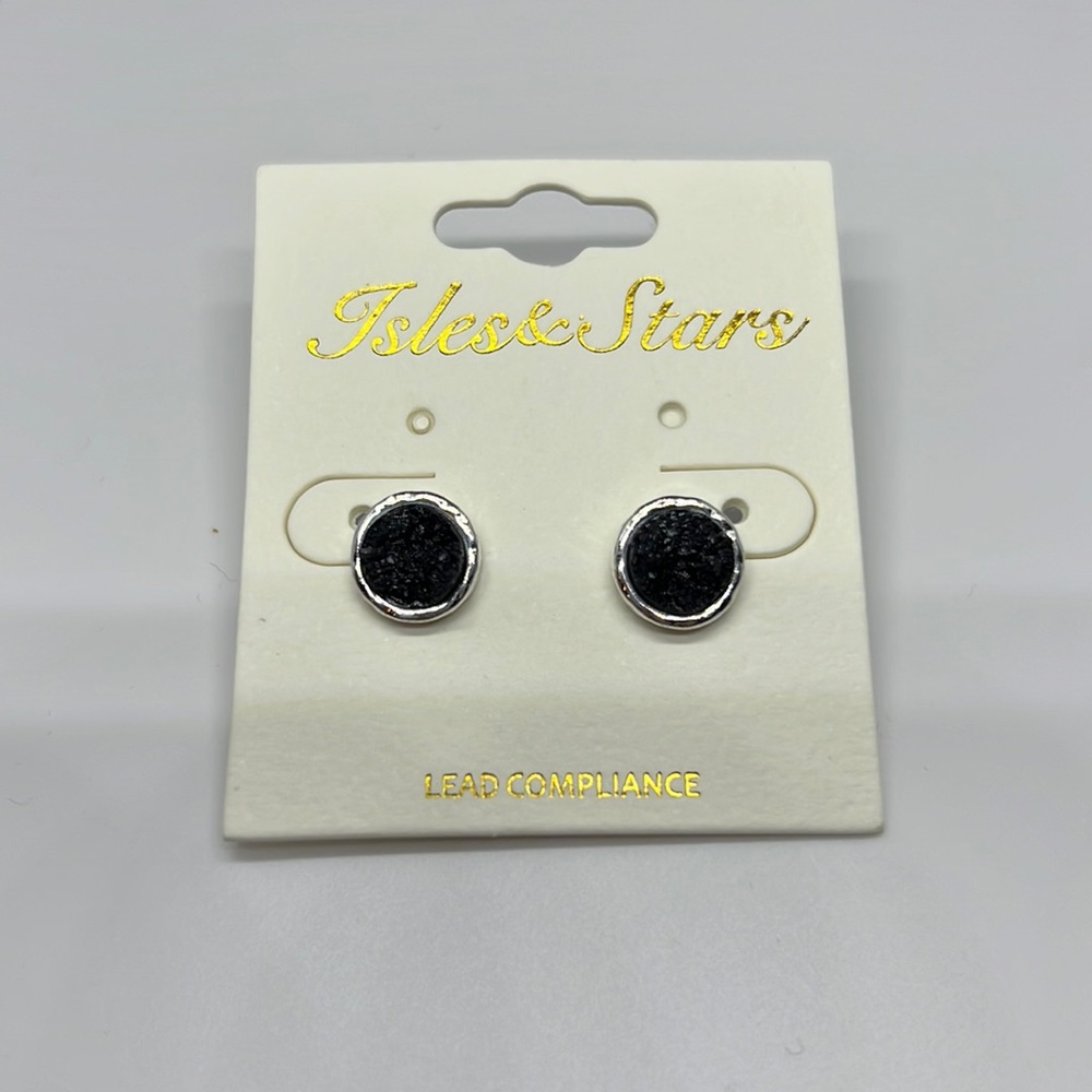 Isles & Stars Black Druzy like stone in silver tone setting earrings